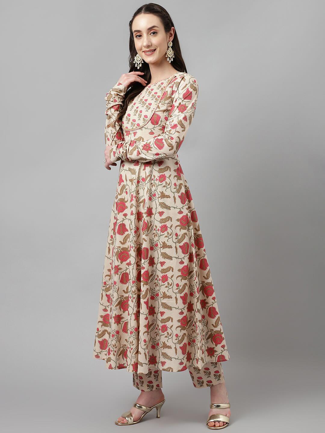 Beige Floral Printed Pure Cotton Kurta with Pants and Chiffon Dupatta