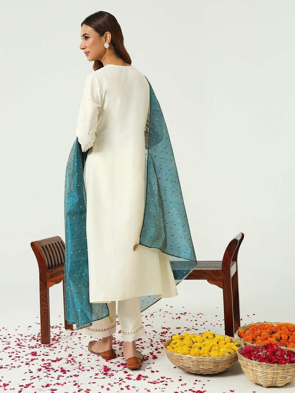 Ivory Silk Blend Embroidered Salwar Suit with Dupatta