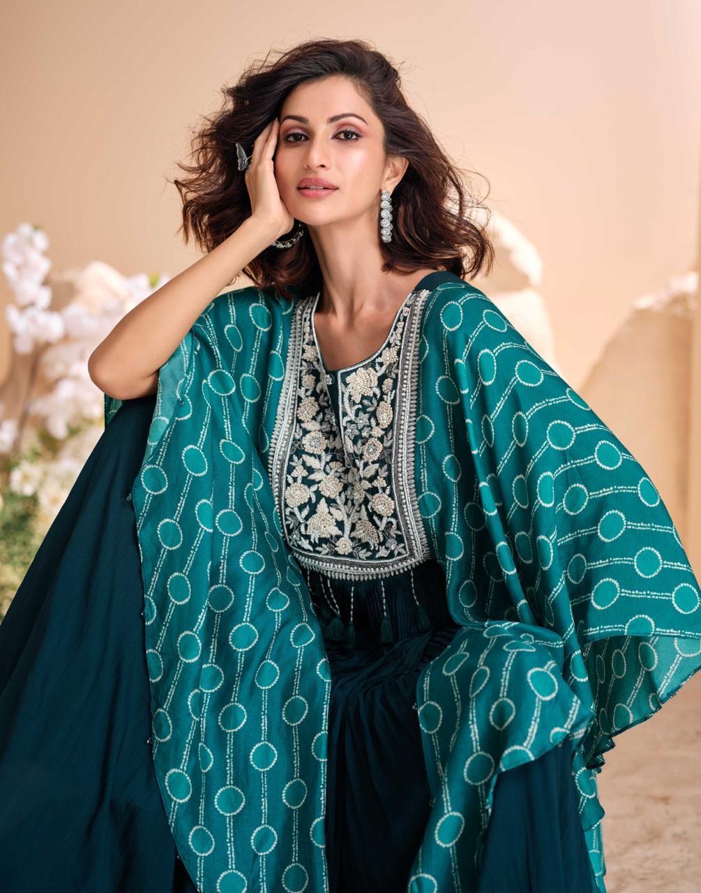 Teal Green Chinon Silk Kaftan Style Anarkali Gown