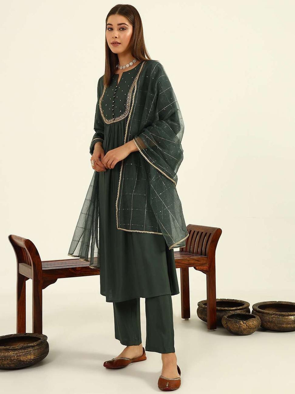 Green Viscose Chanderi A-line Kurta with Pant and Dupatta