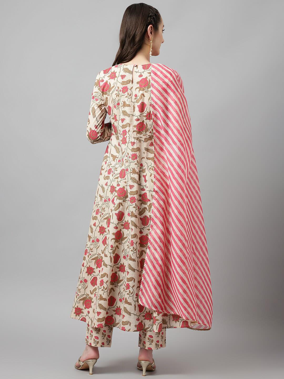 Beige Floral Printed Pure Cotton Kurta with Pants and Chiffon Dupatta