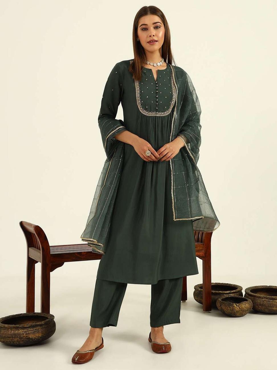Green Viscose Chanderi A-line Kurta with Pant and Dupatta