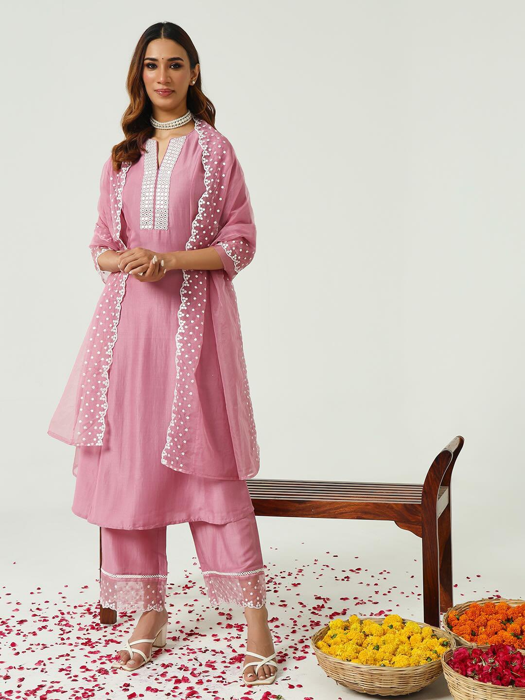 Pink Cotton Silk Flared Kurta and Palazzo With Embroidered Dupatta