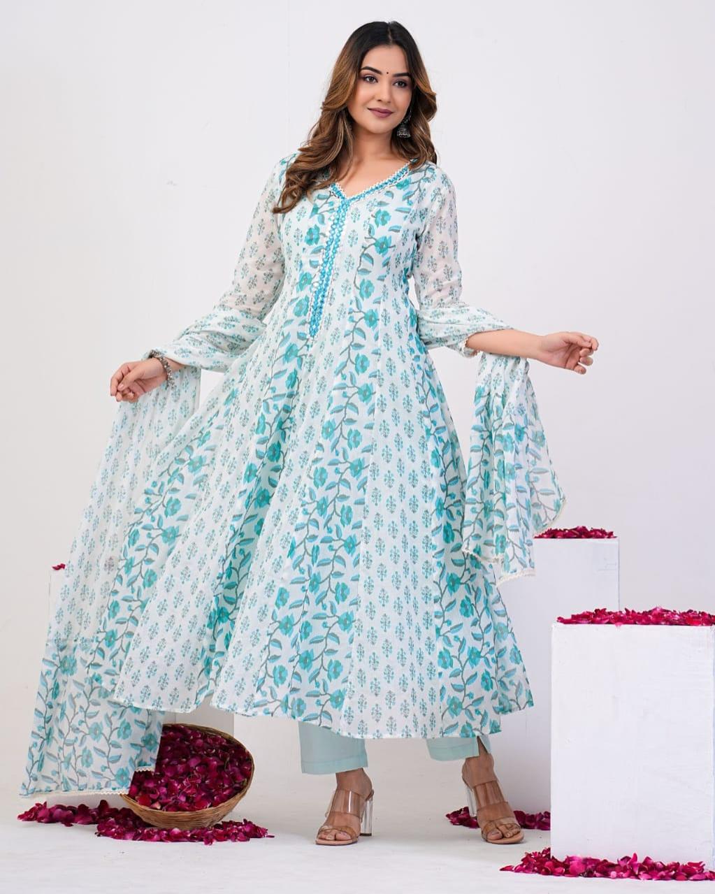 Floral Printed Thread Work Pure Cotton Kurta with Pant and Dupatta