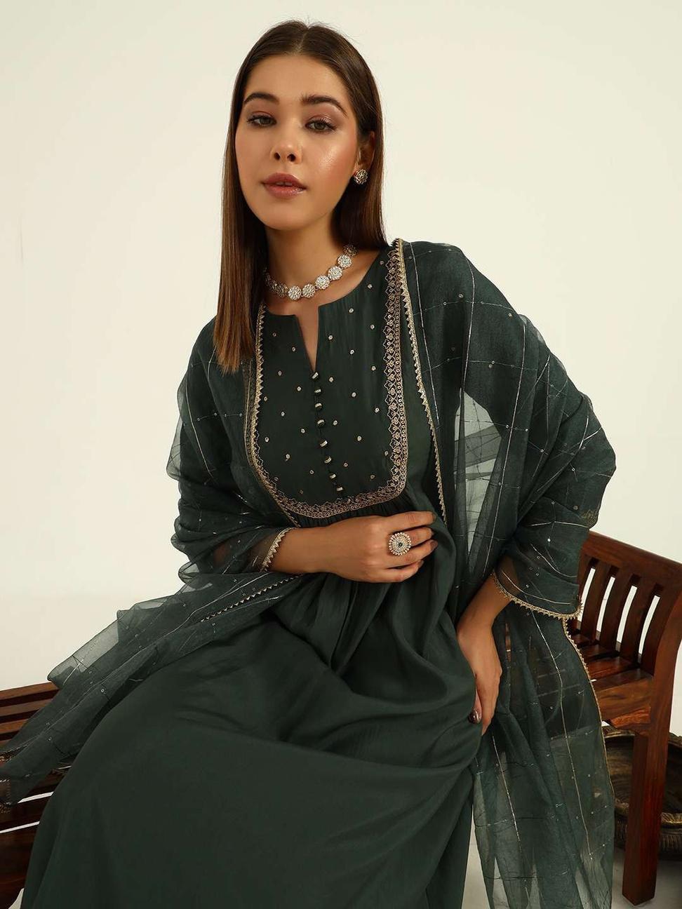 Green Viscose Chanderi A-line Kurta with Pant and Dupatta