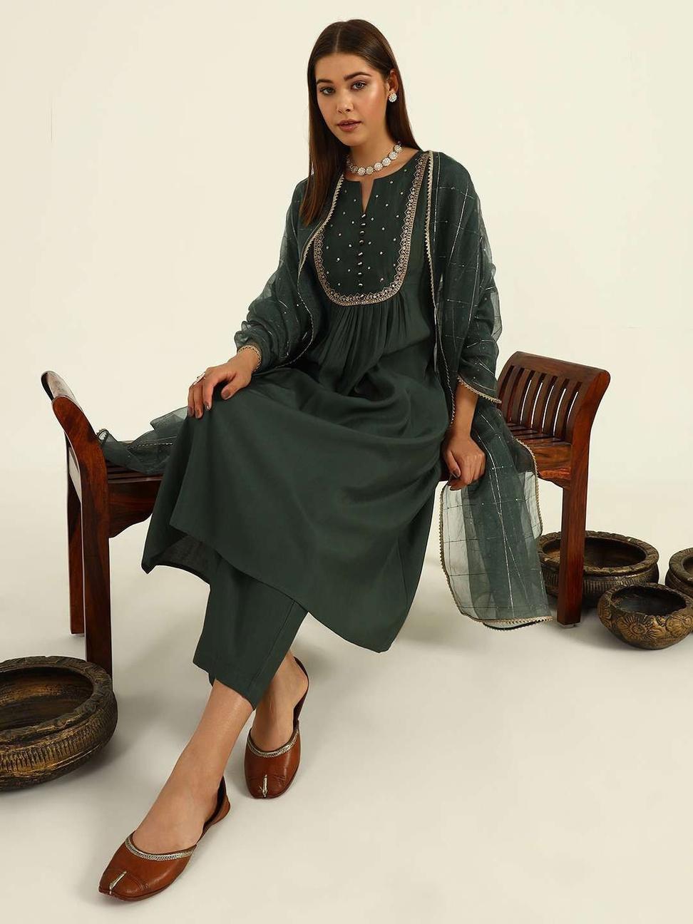 Green Viscose Chanderi A-line Kurta with Pant and Dupatta