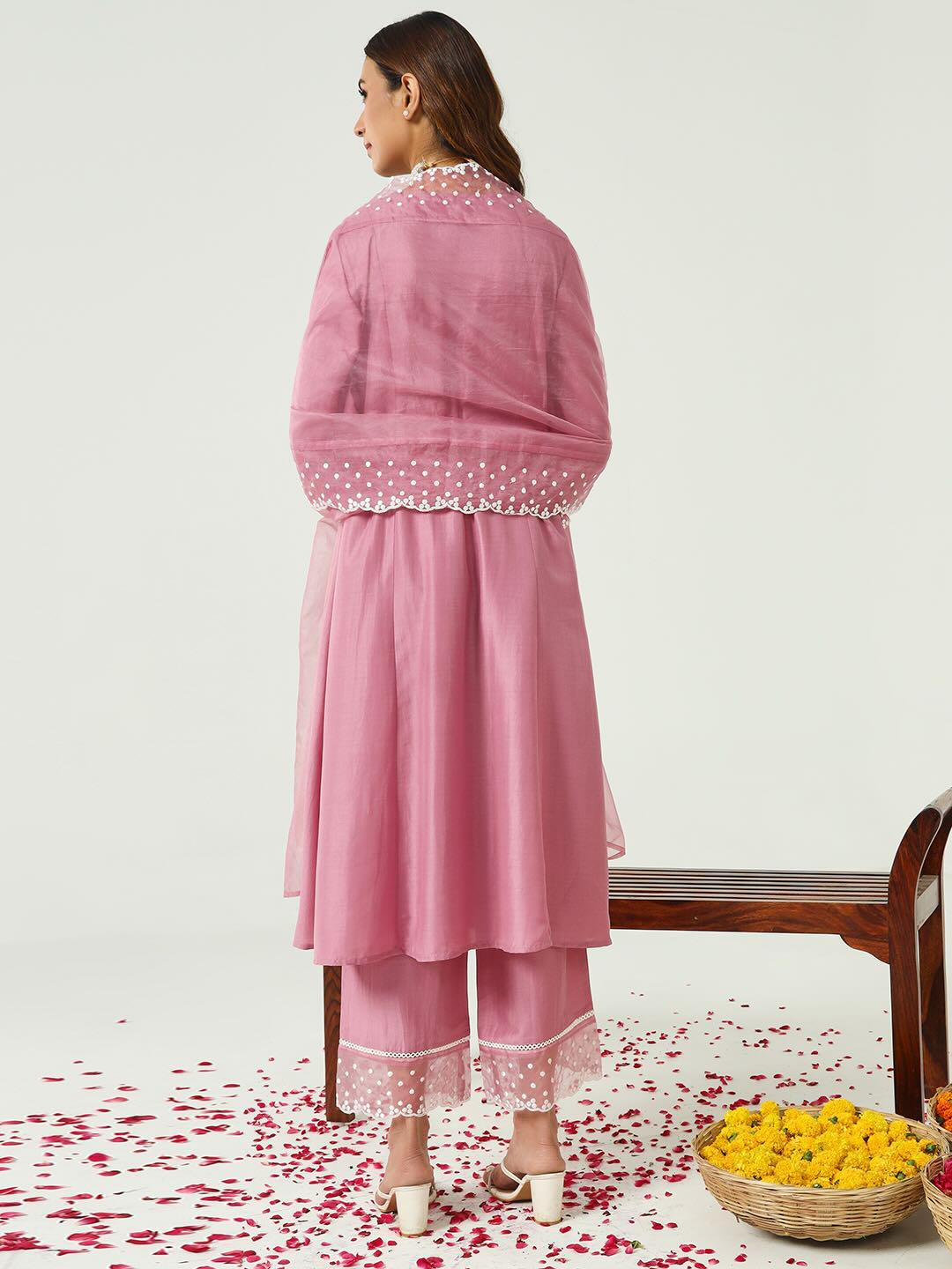 Pink Cotton Silk Flared Kurta and Palazzo With Embroidered Dupatta