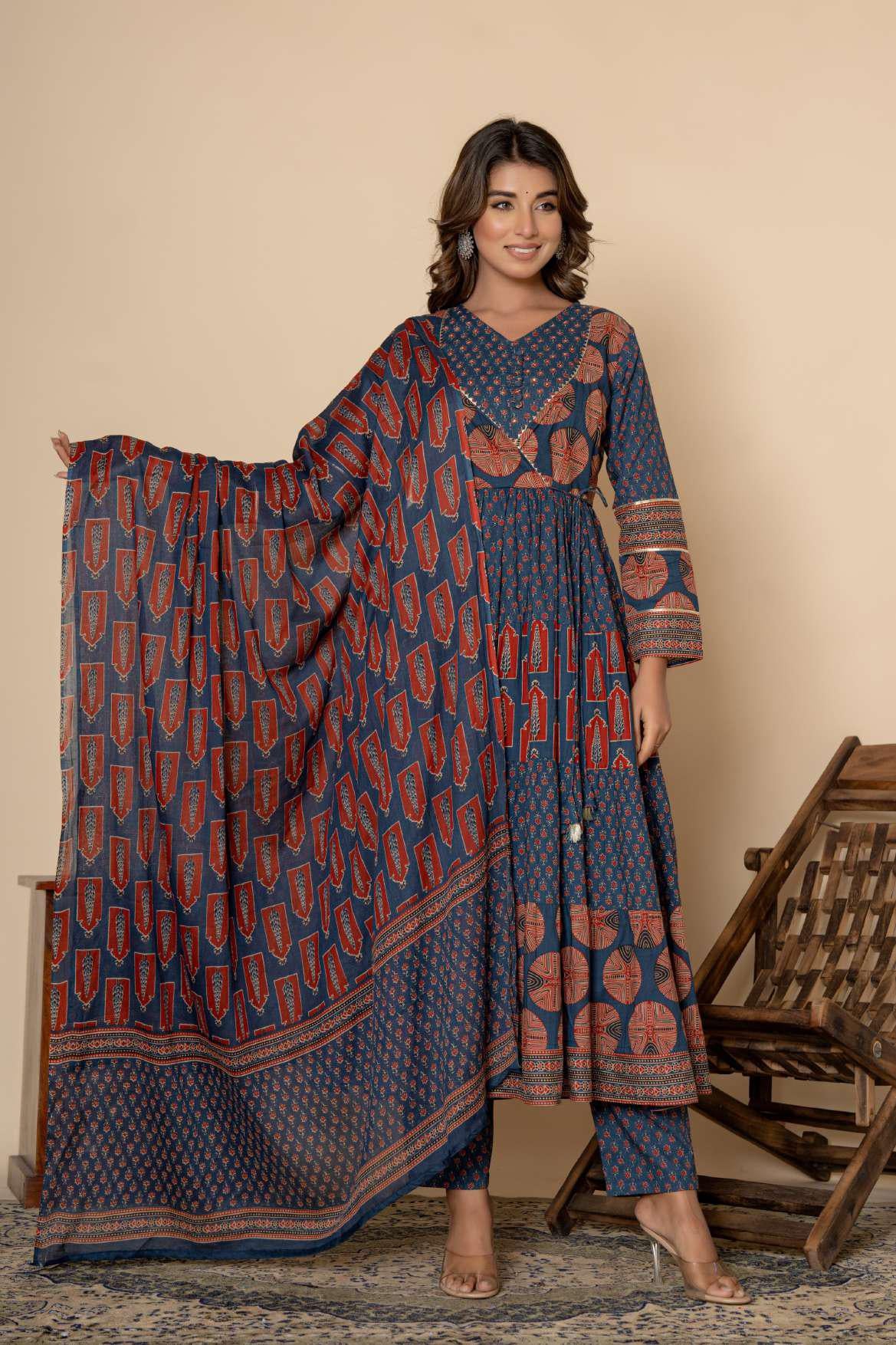 Ethnic Printed Cotton Anarkali Kurta Pant and Dupatta in Blue and Red