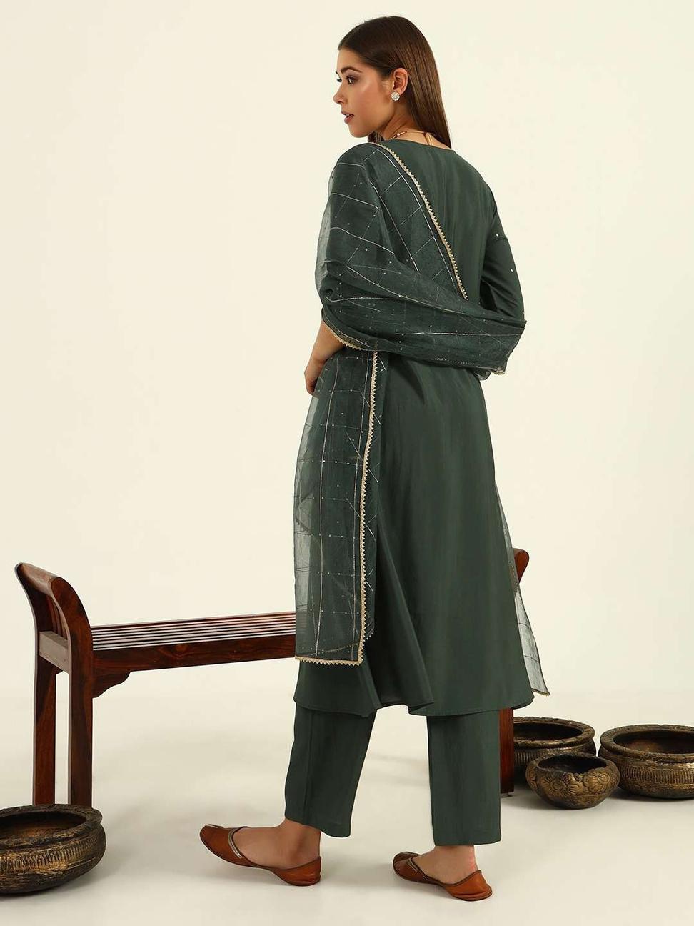 Green Viscose Chanderi A-line Kurta with Pant and Dupatta