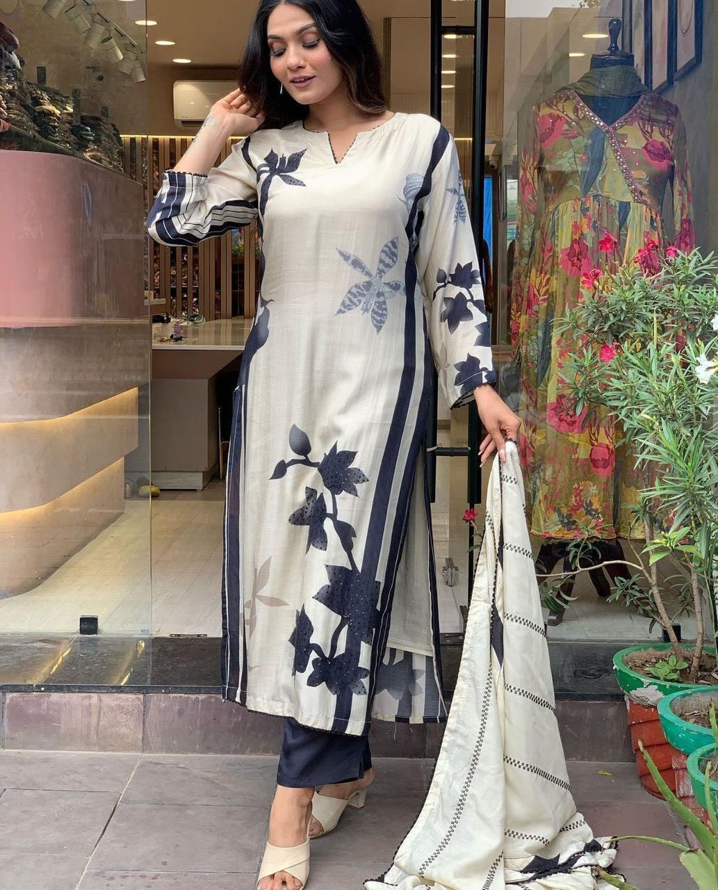 White and Black Floral Printed Kurta Set