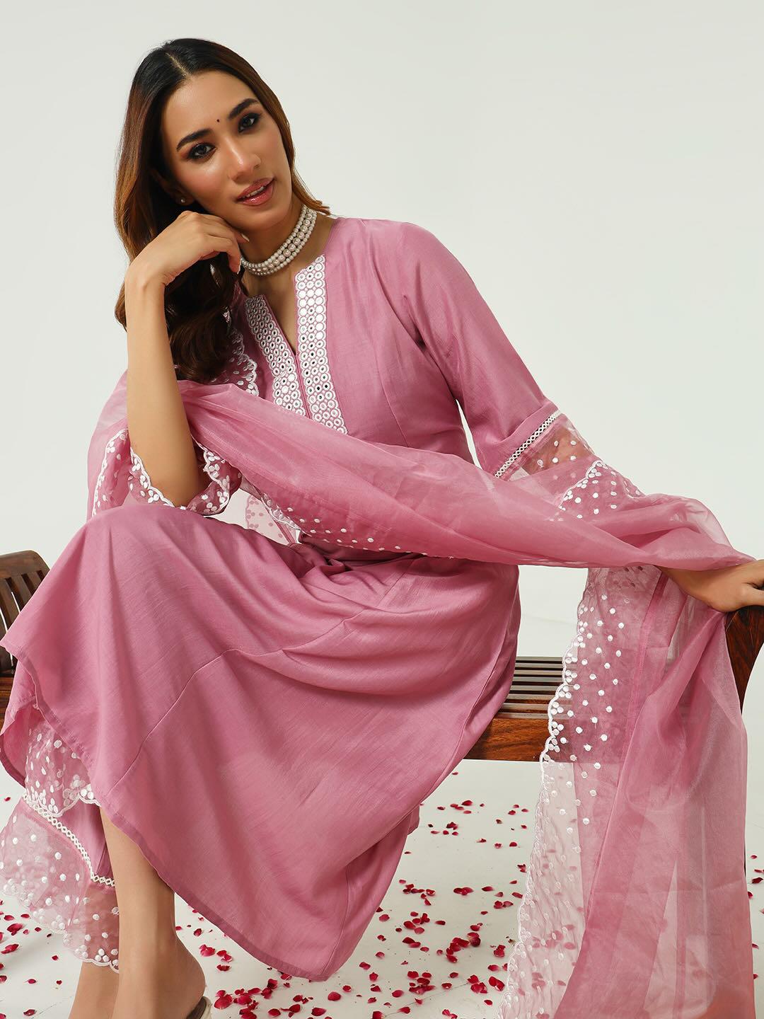 Pink Cotton Silk Flared Kurta and Palazzo With Embroidered Dupatta