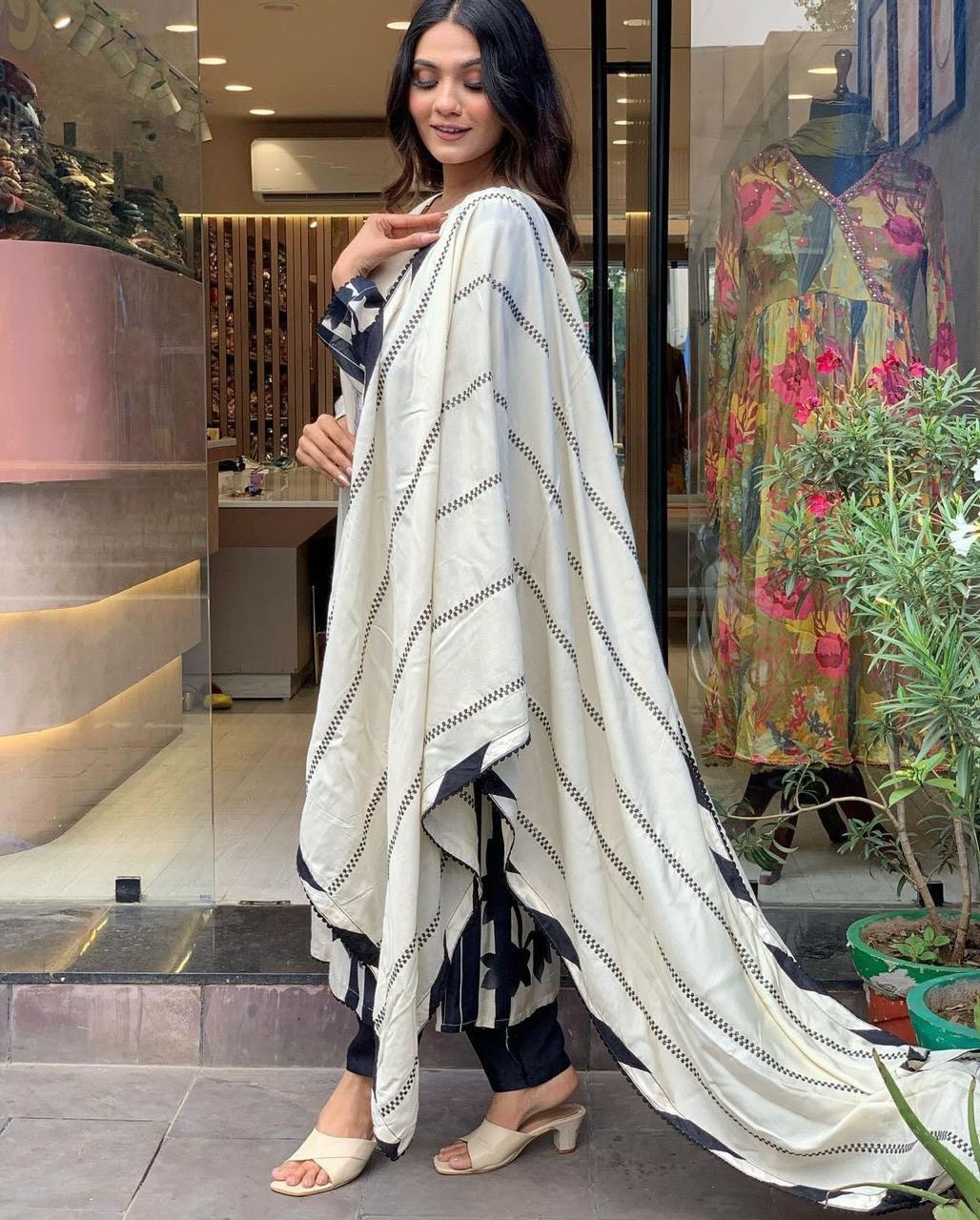White and Black Floral Printed Kurta Set