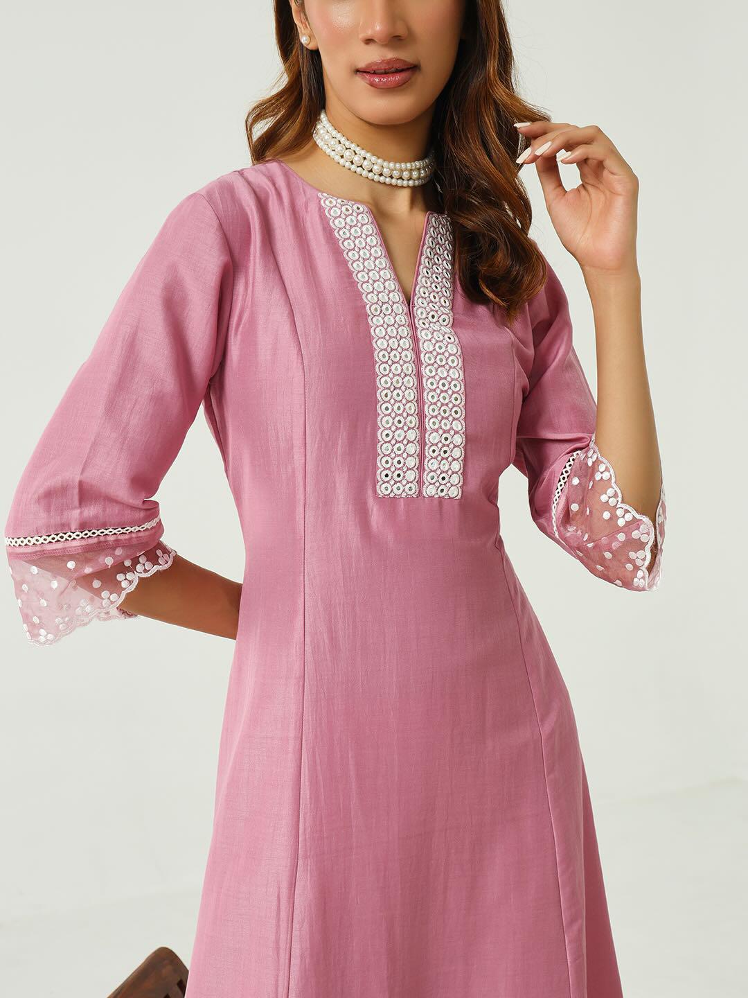 Pink Cotton Silk Flared Kurta and Palazzo With Embroidered Dupatta
