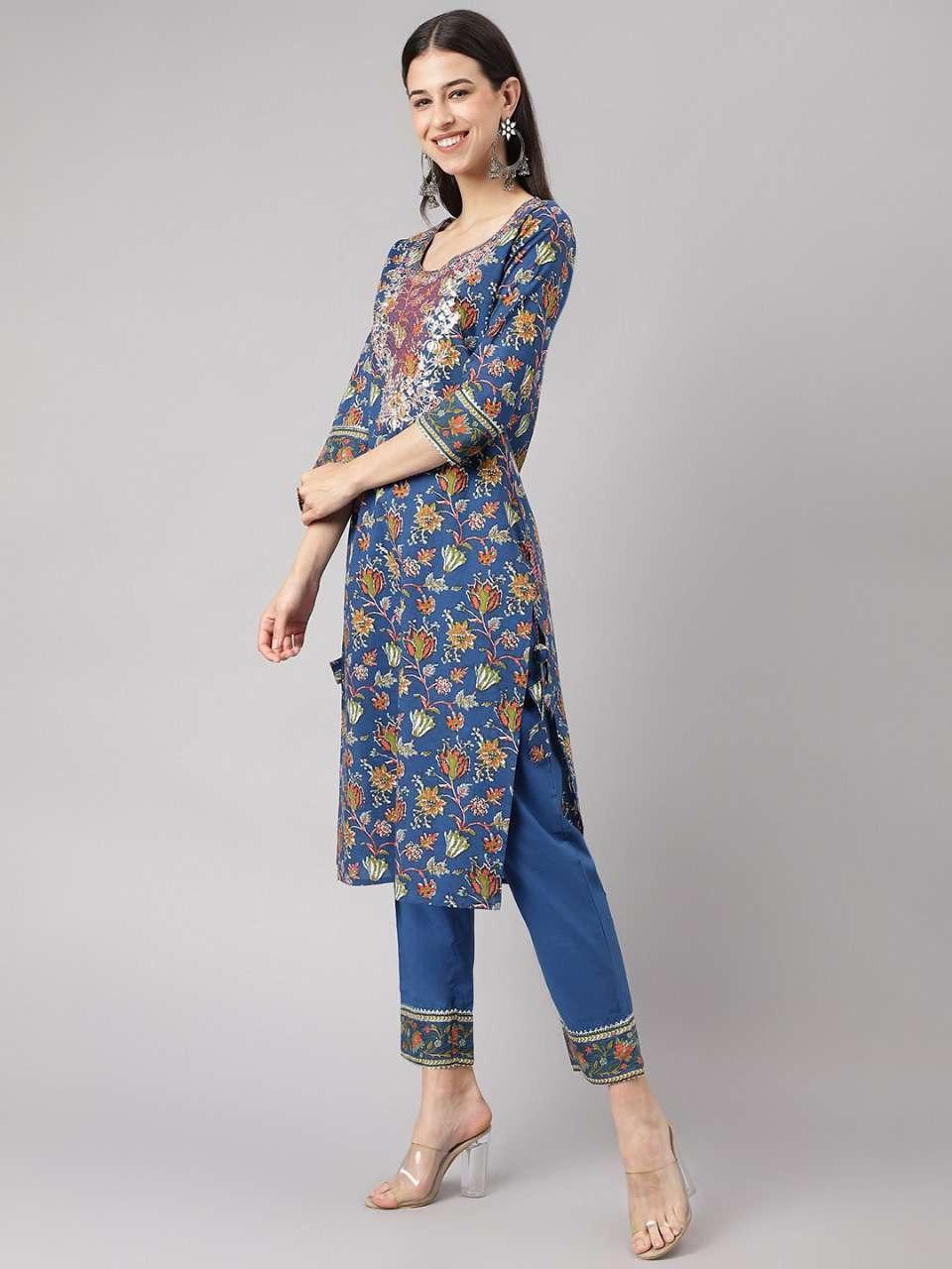Blue and Green Floral Printed Cotton Kurta Pant Set with Dupatta