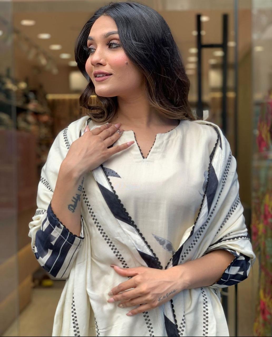 White and Black Floral Printed Kurta Set