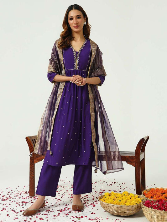 Purple Chanderi Salwar Suit with Golden Embriodery