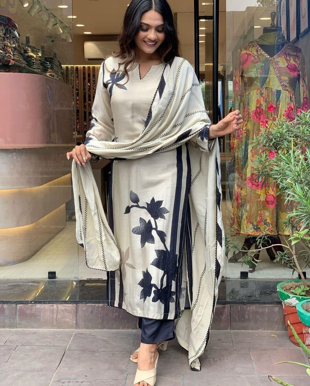 White and Black Floral Printed Kurta Set