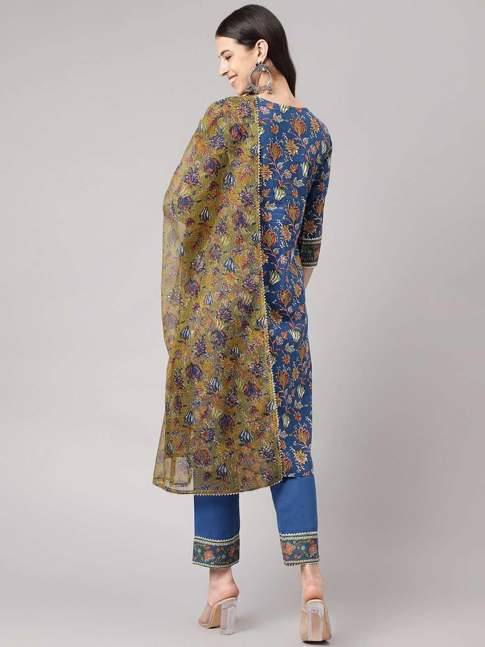 Blue and Green Floral Printed Cotton Kurta Pant Set with Dupatta