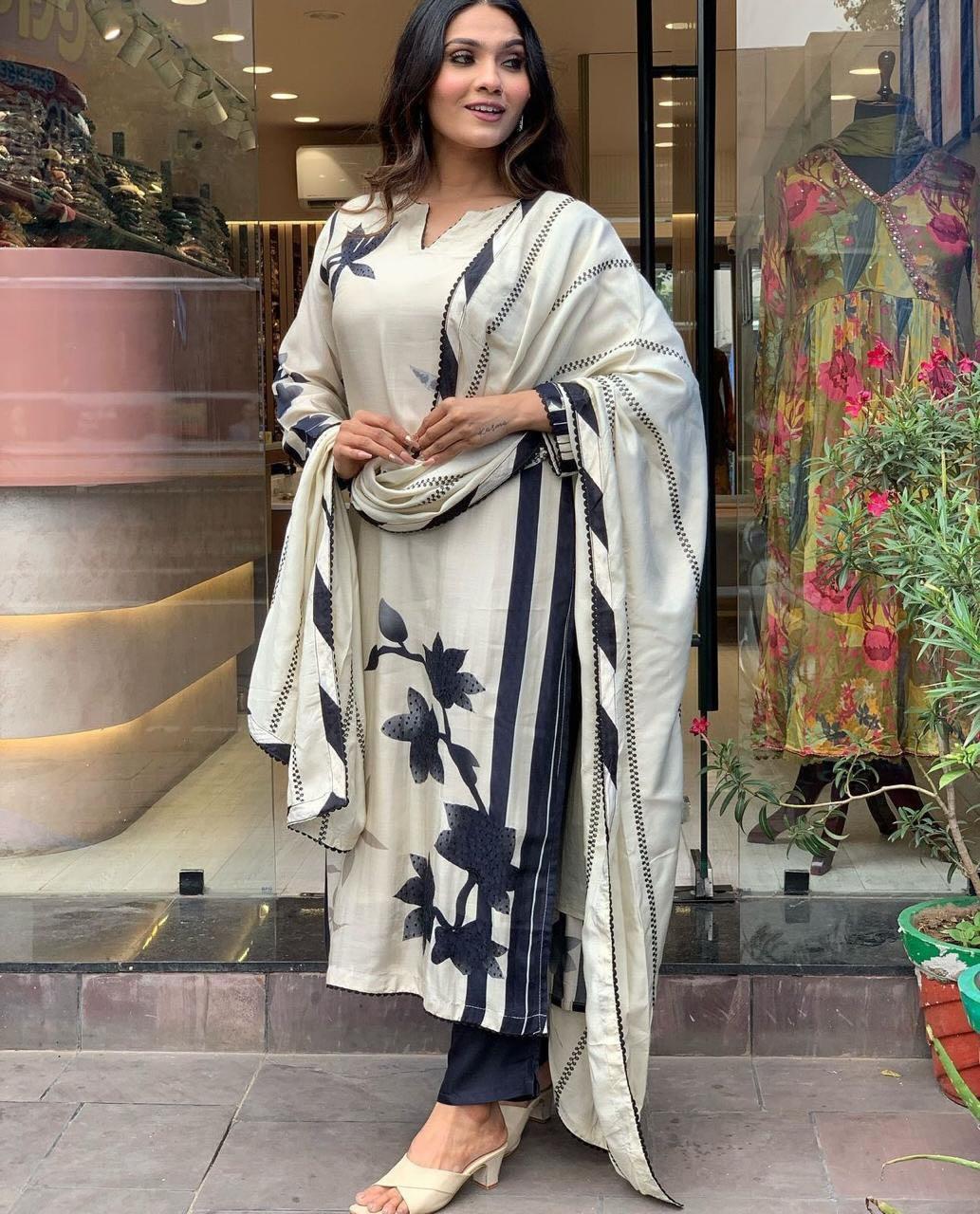 White and Black Floral Printed Kurta Set