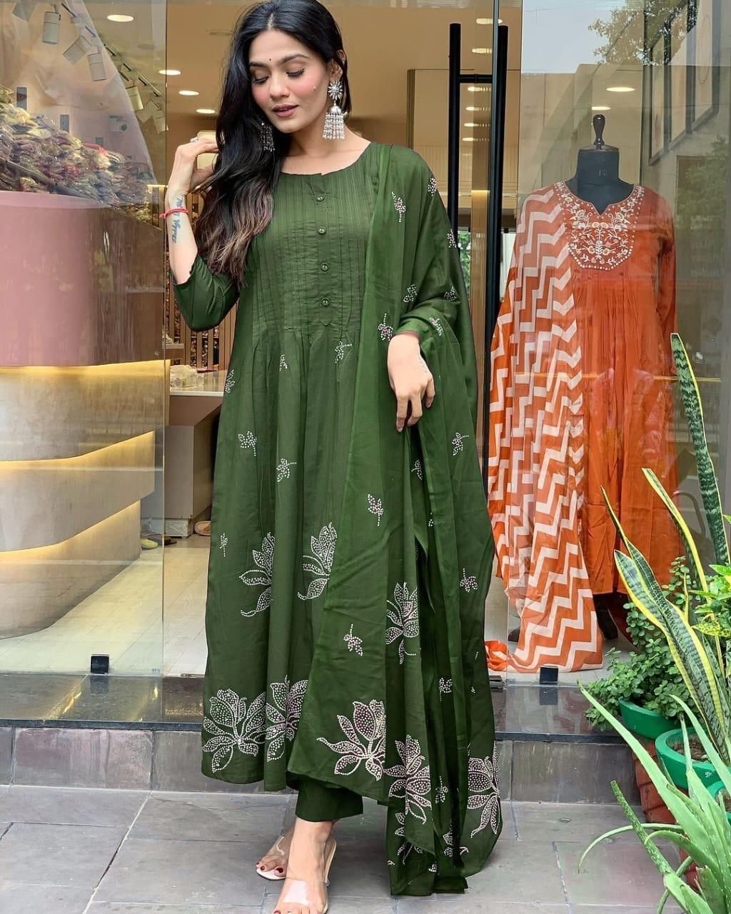 Olive Green Cotton Kurta Pant and Dupatta Set with Floral Prints