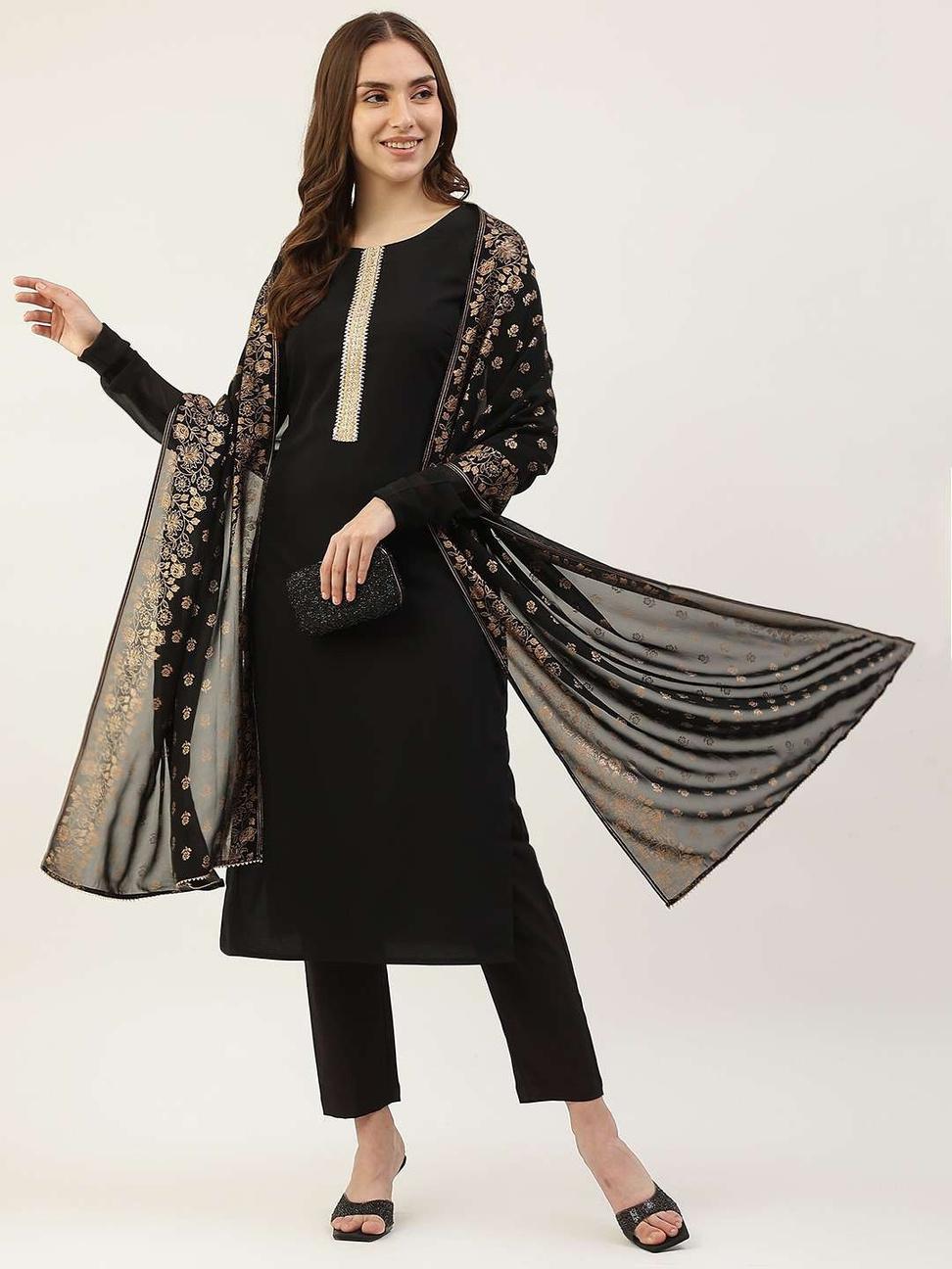 Embellished Straight Black Salwar Suit In Crepe Silk