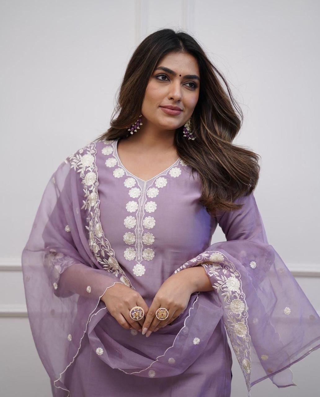 Lilac Bloom Embroidered Rayon Kurta Set