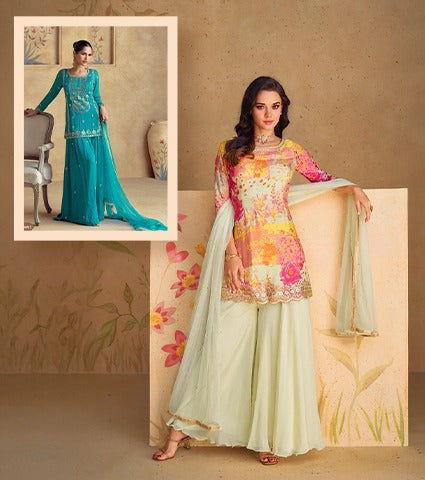 Cream color Chinon printed embroidery work Sharara suit, a stylish Indian dress.