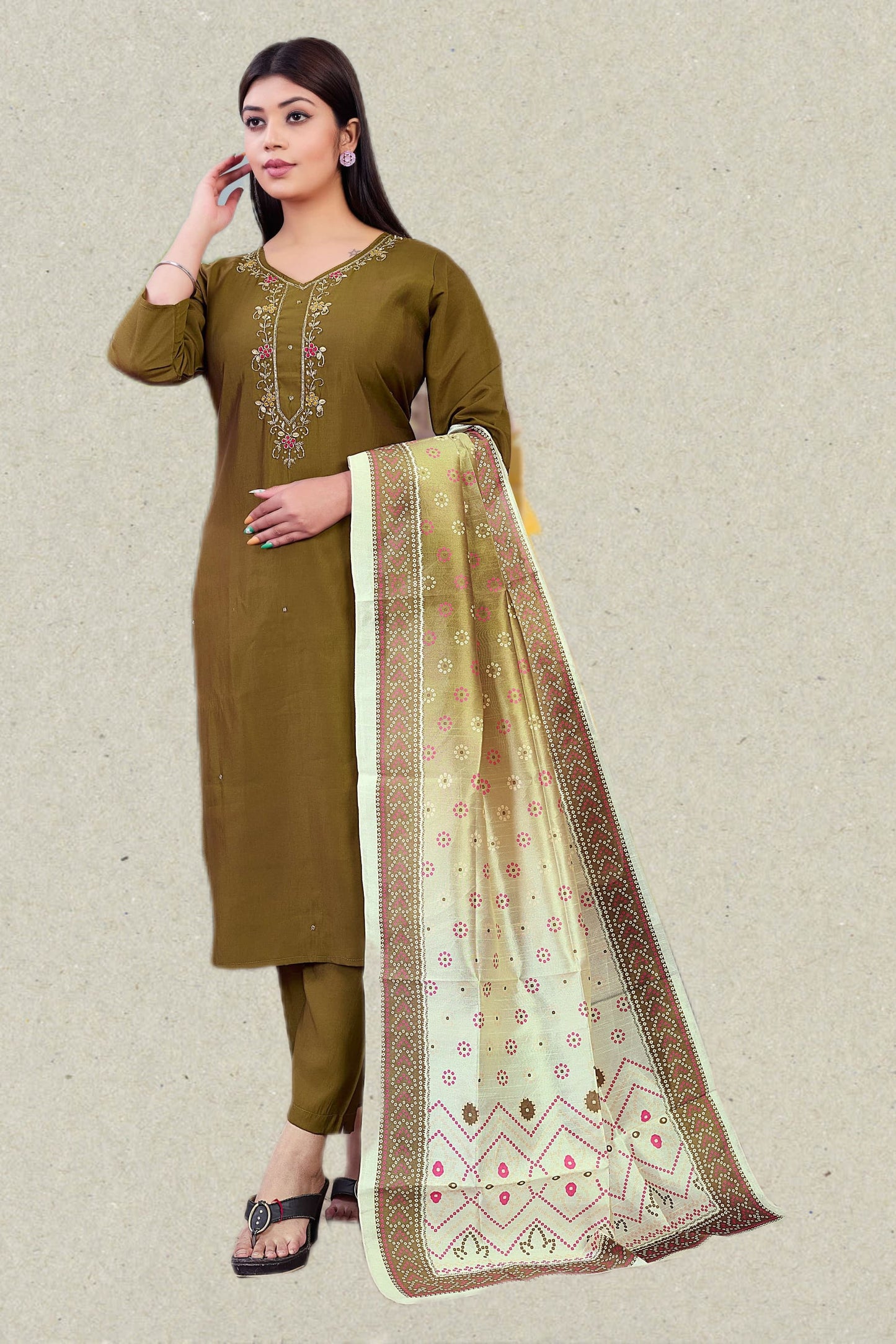 Dola Silk Salwar Suit in rich olive-brown