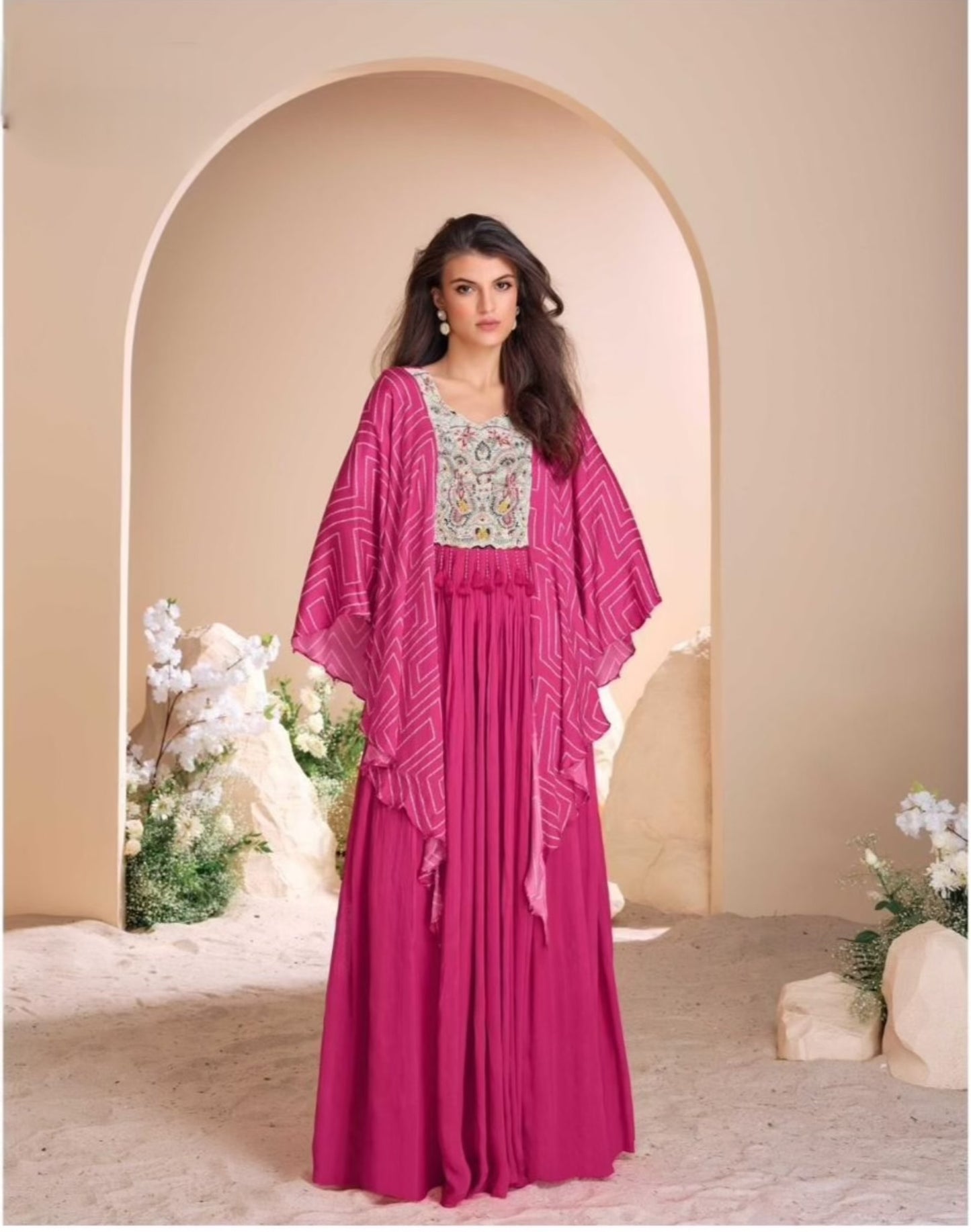 Pink Chinon Silk Kaftan Style Anarkali Gown